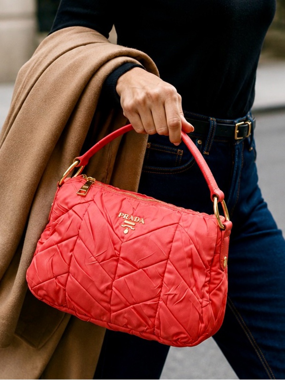 Prada Tessuto Nylon Pleated Shoulder Bag Coral Red Gold